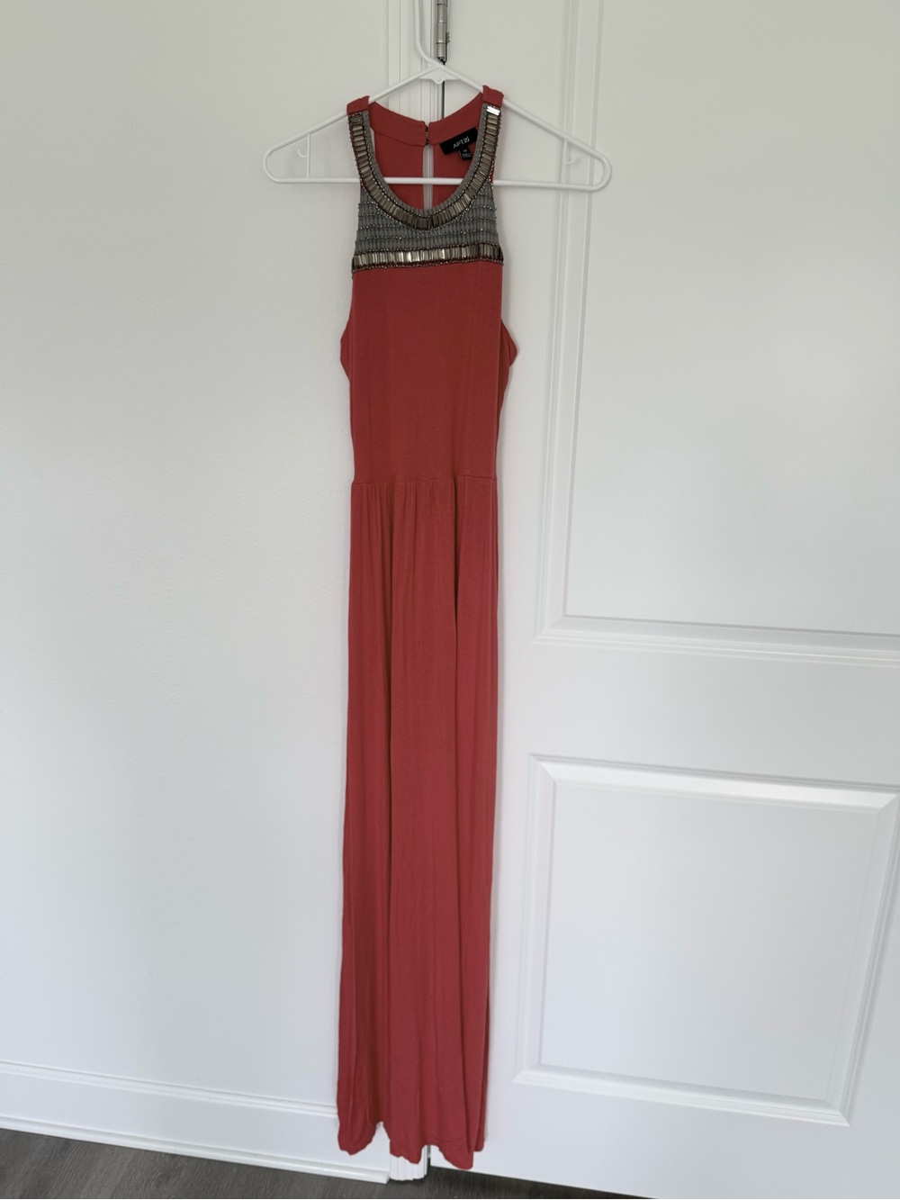 Sleeveless Coral Maxi Dress with Embellished Neckline